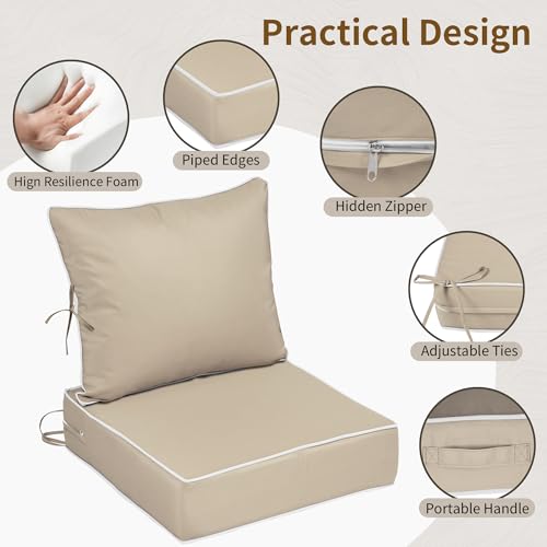 Image of 24x24 Outdoor Chair Cushions Set of 4, Waterproof Deep Seat Cushions for Patio Furniture with Removable Cover, Fade Resistant 4'' Outdoor Seat Cushion w /Ties&Handle for Sofa Loveseat,Khaki+Pipes