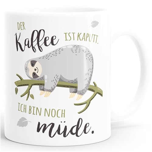 MoonWorks® Kaffee-Tasse mit Spruch Faultier Bürotasse der Kaffee ist kaputt ich bin noch müde Kaffeebecher weiß Keramik-Tasse