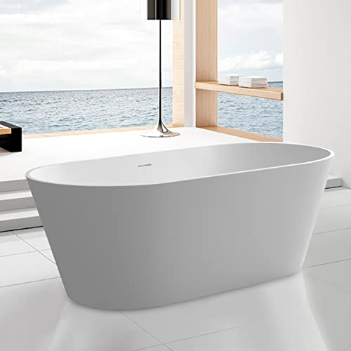 Wellfor 63" Solid Surface Freestanding Bathtub, Artificial Stone Contemporary Soaking Bathtub, Classic Shape Bathing Tub, White Bathroom Bath Tub #TOP4