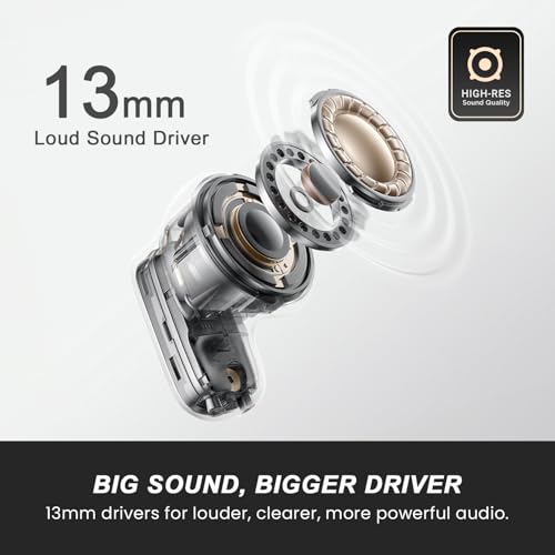 Image of HAMMER Aura 32dB ANC, 4-Mic ENC Wireless Earbuds for Calling,50H Battery, Transparency & ANC Modes, 13mm Titanium Driver, BT v6, 35ms Low Latency Gaming Mode, Semi-Transparent Chrome, IPX4 (Beige)