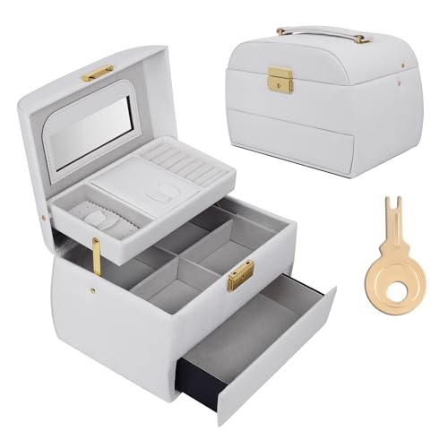 Image of BucketList Luxury PU Leather Jewellery Box with Mirror & Lock | Multi-Layer Organizer with Drawers, Ring Slots & Handle | Premium Storage Case (3 Layer Jewellery Box With Mirror (White))