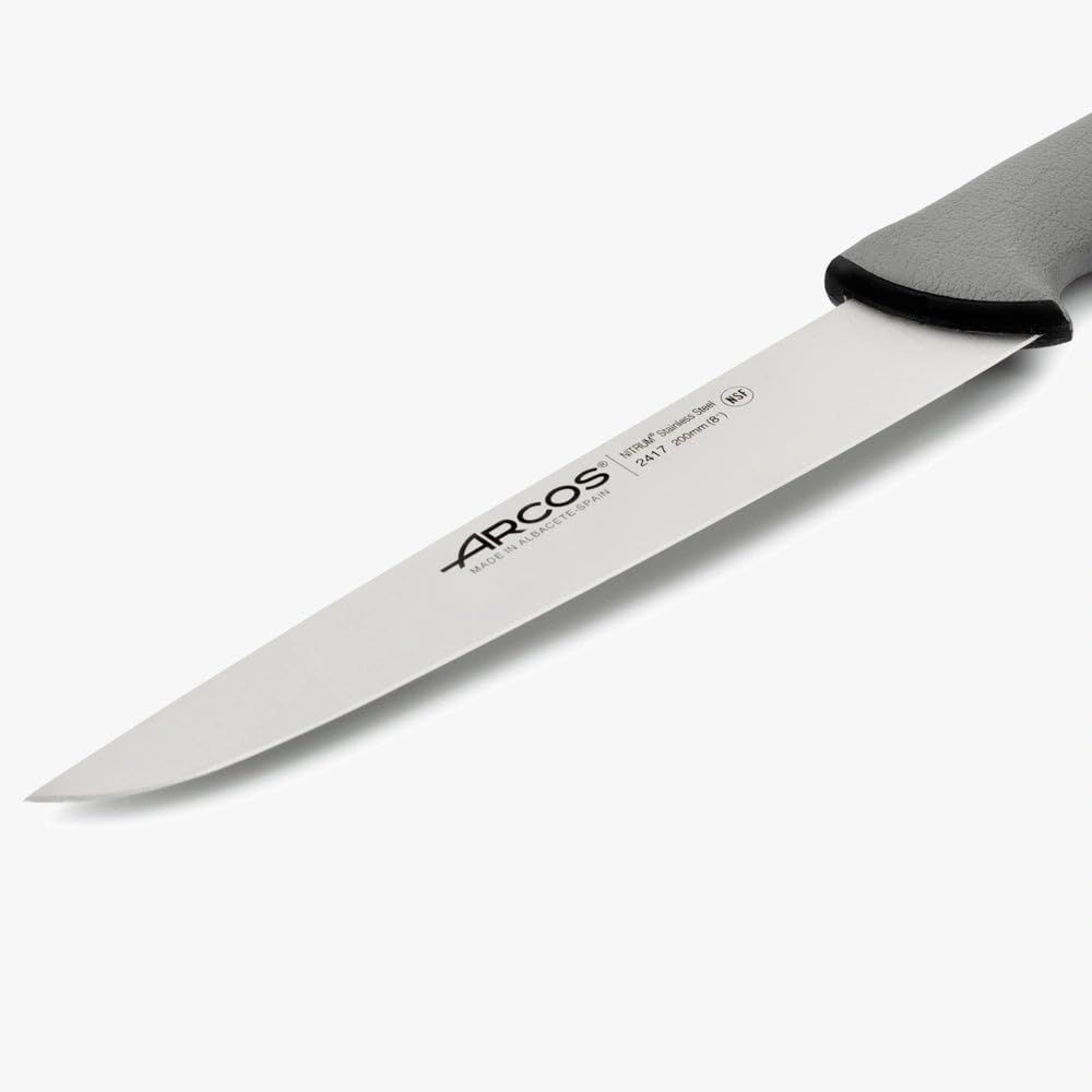 ARCOS Butcher Knife 8 Inch Nitrum Stainless Steel and 200 mm blade. Professional Cooking Knife For Cutting Meat, Fish and Vegetables. Ergonomic Polyoxymethylene Handle. Series Colour-Prof. Color Grey.