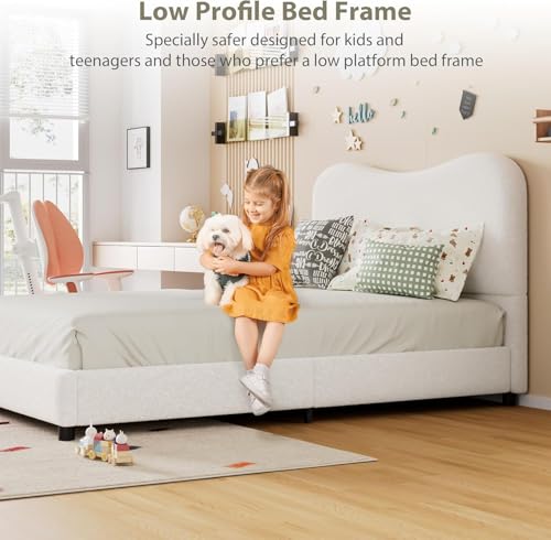 GarveeHome Twin Bed Frame for Kids with Velvet Upholstered Headboard, Cute Low Profile Platform Bed for Girls and Boys, No Box Spring Needed, Strong Wooden Slats, Noise Free, Easy Assembly, White