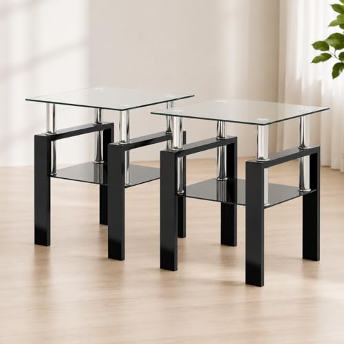 Image of Meihua 2pcs Glass Side Table for Small Space, Square Glass End Table, 2-Tier Modern Nightstand with Metal Legs for Living Room & Bedroom, Black Glass and Black Leg