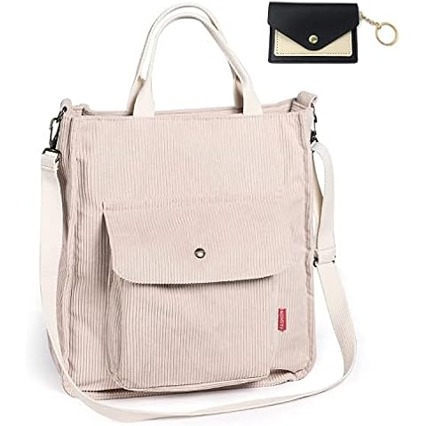 BLUEEE CHECKERS Women's Cord Shoulder Bag, Large Cord Bag with Mini Purse, Casual Tote Handbag, Fashion Fabric Bag for Girls, Office, School and Shopping, White + Mini Wallet, UK One Size Cover