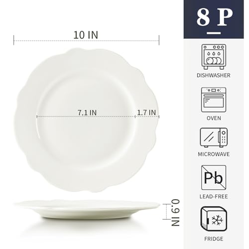 BABALIU 10.5 Inch Porcelain Large Dinner Plates Set of 8, White Leave Wave Rim Appetizer Salad Plates, Ceramic Dinnerware Serving Plate for Pancakes, Steak, Pasta, Pizza, Microwave, Dishwasher Safe by BABALIU - Image 4