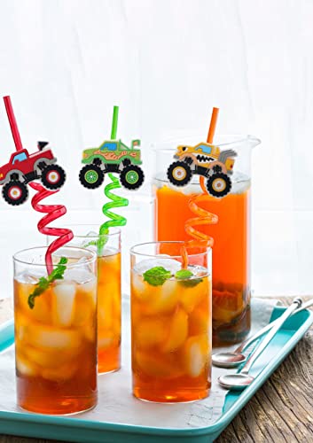 Monster Truck Party Favors Straws, Cartoon Cars Birthday Reusable Plastic Drinking Straws 8 Designs Supplies For Kids 24Pcs With 2 Cleaning Brush, Colorful, 10 #TOP4