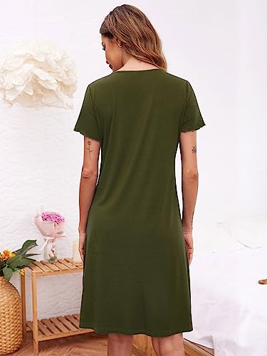 Ekouaer Nachthemd Damen Kurzarm Schlafshirt Sommer Sleepshirt Kurz Nachtwäsche Knopfleiste Armeegrün S 5