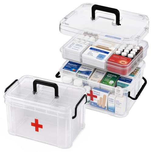 Image of 2 Pack Clear Medicine Organizer Box with Handle, Plastic Medicine Container with Tray Empty First Aid Box Empty, Thickened Medicine Storage Organizer Multipurpose Medication Organizer Storage, Clear