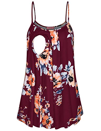 Joymom Nursing Shirt,Feminine Stylish Spaghetti Straps Printed Breastfeeding Tank Tops Maternity Lovely Stretchy Camisole Home Wear Ruffled Tunics for Short Loungwear Wine Flower M