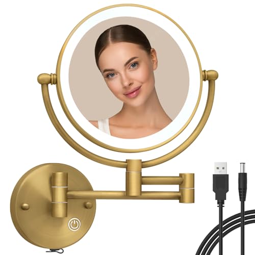  RECKODOR Specchio Trucco con Luci a Muro,Specchio Ingranditore 1X/5X Bifacciale Specchio Bagno Girevole a 360° Specchio in Ottone Estensibile Specchi per Radersi, Ricarica USB - Ottone Antico