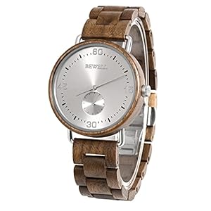 BEWELL Wood Watches Mens Quartz Movement Wood & Stainless Steel Handmade Stylish Wooden Wristwatch