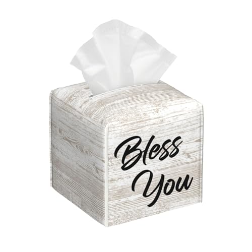 Bless You Tissue Box Cover Square, Wooden Board Texture Tissue Box Holder Waterproof Leather Facial Paper Organizer Dispenser for Bathroom Home Car Nightstand Vanity Desk