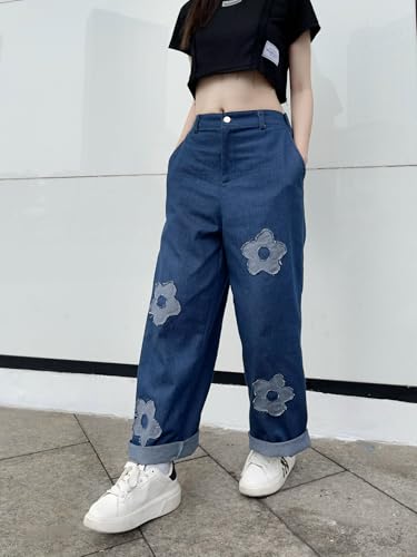 Unisex Wide Leg Jeans High Waisted Denim Pants with Stretchy Waist and Floral Fabric Patch3