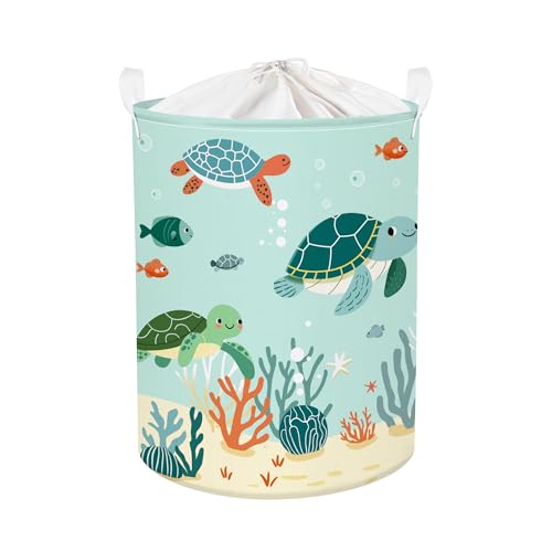 HUUMONSS Grande cesta roupa suja bebé animais mar para menino menina dobrável cestos de armazenamento roupa brinquedos para quarto de crianças quarto, tartarugas verdes, 63 L