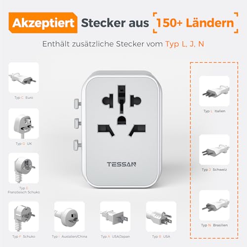 TESSAN Reiseadapter Weltweit, Universal Reisestecker mit 3 USB A und 1 USB C, Internationaler Steckdosenadapter, Universaladapter für England USA Japan Thailand Australien, Travel Adapter