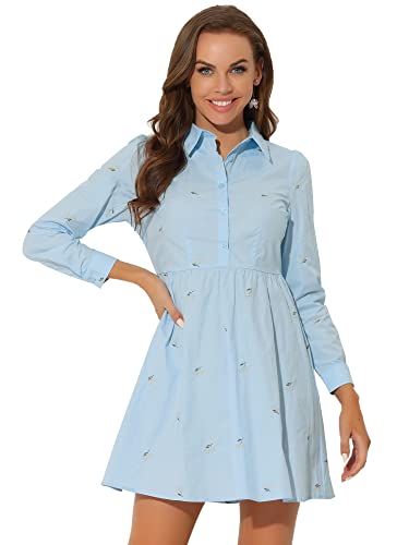Image of Allegra K Women's Shirt Dress A Line Embroidered Floral Mini Dresses | Casual, Collar, Long Sleeve, Button Down, Half Placket, Invisible Zipper, Knee Length