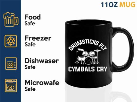 Taza de café para músicos, 11 onzas, negra, con diseño de baquetas y platillos miniatura 4