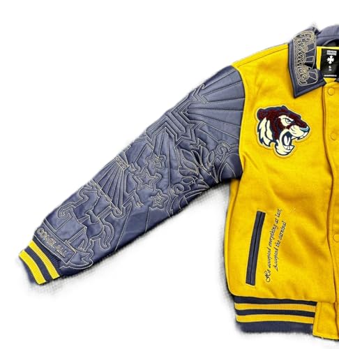 Paradise Kids Varsity Jacket, Mustard with Navy Quilted PU Sleeves, Tiger Embroidered Design3