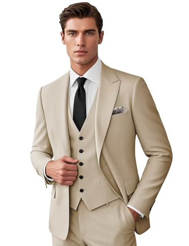 Mens 3 Piece Suits Slim Fit Wedding Business Party Prom Solid One Button Peak Lapel Blazer Vest & Pants Suit Set