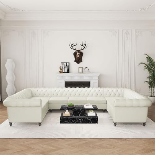 ORRD U Shaped Large Sectional Sofa, Chesterfield Leather Faux Couch Tufted Accent Sofa with Scroll Arms and Nailhead for Living Room, Office (White)