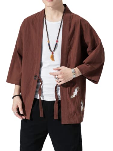 Image of Men's Japanese Kimono Cardigan Loose Cotton Linen 3 /4 Sleeve Open Front Casual Summer Shirt Jackets