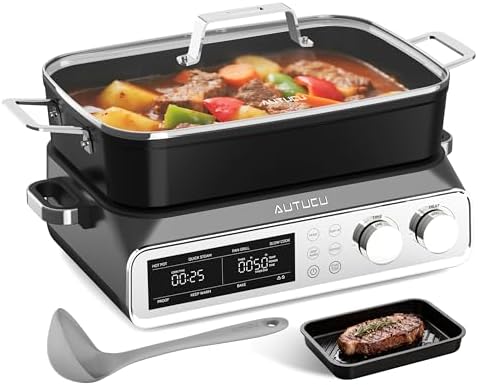 N21NA Pro Slow Cooker 10 Quart, 8-in-1 Programmable PFOA-Free Ceramic Coated Multi-Cooker with Grill Pan, Steaming Plate (Includes Silicone Spoon & Tongs)