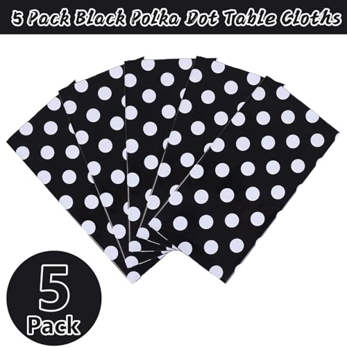 Image of Kesfey 5 Packs Black and White Dots Table Cloth 54x108 Inch Black Polka Dot Mini Mouse Plastic Table Cloth Disposable Black Waterproof Picnic Table Covers for Rectangle Tables Halloween Birthday Party