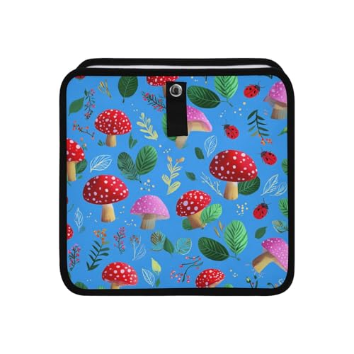 Image of Car Trash Can Organizer Bin with Adjustable Strap for Back Front Seat Console Waterproof Leakproof Collapsible Portable 11 Inch Bright Blue Mushrooms Leaves and Ladybugs