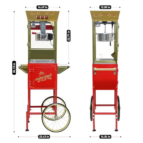 Image of Trygoal Popcorn Machine with Cart, 12 Oz Kettle, Vintage Popcorn Maker with Storage Cabinet, Scoop & 3-Switch Control, Movie Theater Style Popper for Party, Red