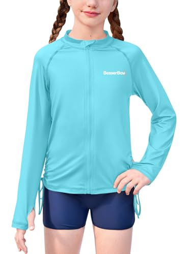 Image of BesserBay Girls Rash Guard UPF 50+ Zip Up Raglan Long Sleeve Adjustable Drawstring Swim UV Jacket 4-14 Years