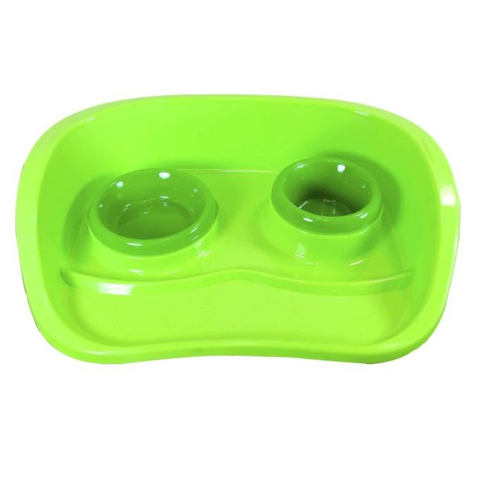 A2Z Double Pet Food Bowl Tray Non Slip Pet Feeding Station Plastic Dual Dog Cat Food Water Dish Large Pet Feeding Tray Easy Clean Durable Pet Bowl for Dogs Cats Puppies and Small Pets 46 x 33 cm Green