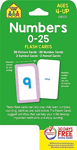 School Zone - Numbers 0-25 Flash Cards - Ages 4 To 6, Preschool, Kindergarten, Math, Addition, Subtraction, Numerical Order, Counting, And More #TOP1