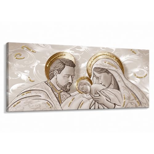 Lupia - Quadro Moderno Sacra Famiglia, su tela poliestere con brillantini Glitter, Natività BRILLANT 52x122 cm THE KISS SHABBY BROWN, Adatto per Soggiorno e capezzale Camera da Letto