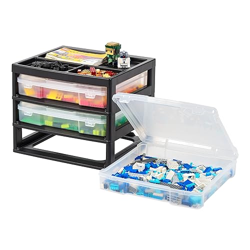IRIS USA Fits 12" x 12" Paper, 3-Tier Scrapbook Storage Unit with Organizer Top, for Building Blocks Lego Papers Tools Office Art and Craft Supplies, Desktop Organizer, Built in Handle, Black/Clear