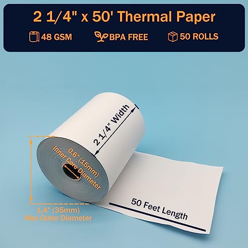 (50 Rolls) 2 1/4 x 50 Thermal Paper Rolls, BPA Free Thermal Receipt Paper Rolls, 2.25 inch Width and 50 ft Longth Per Thermal Paper Receipt Roll - Thumbnail 2