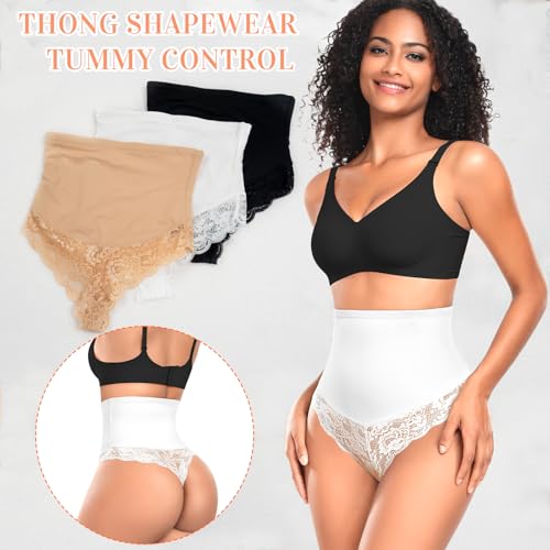 Image of Werena Tummy Control Thong Shapewear for Women Mid High Waisted Body Shaper Underwear Lace Shaping Thong Girdle Panties