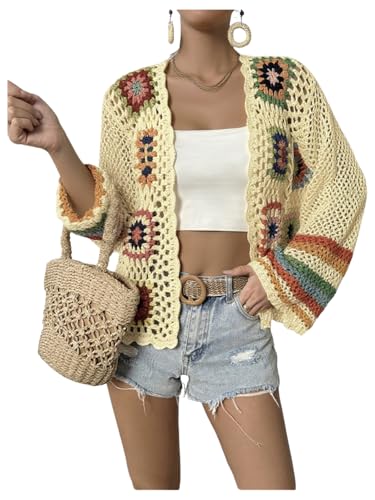 SHENHE Women's Floral Crochet Cardigan Hollow Out Open Front Long