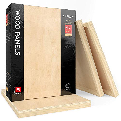 ARTEZA Wood Canvas Boards, 9 x 12 Inches, Pack of 5, Birch Wood, Wooden Panels for Acrylic and Oil Painting, Wood Burning, Crafting