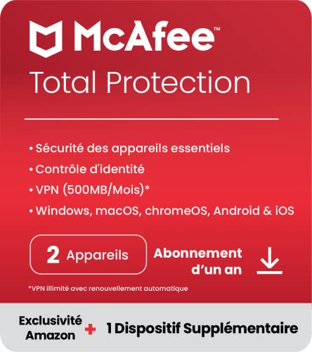 McAfee Total Protection 2023 | 2 Plus 1 Appareils | Antivirus et sécurité Internet | VPN | Abonnement d'un an | Code d'activation par email