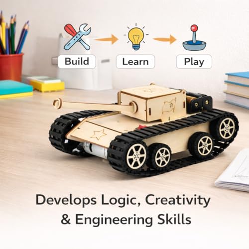 Image of Electric Army Tank DIY Wooden Model Kit - Motorized Educational STEM Toy with Tracks - Creative Building Toy for Kids & Teens (Electric Army Tank)