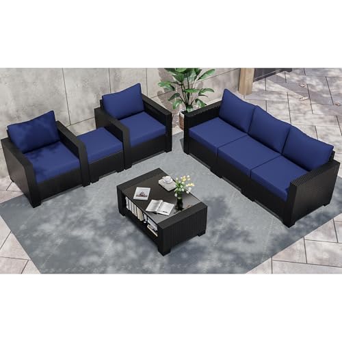 KIGOTY Patio Furniture Set 7 Pieces Conversation Sets, Outdoor Sectional Sofa, All-Weather PE Rattan Modular Sofa with Cushions and Glass Coffee Table(Coffee/Dark Blue,C)