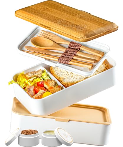 Umami Fiambrera Para Comida De Trabajo, Bento Lunch Box Japonés, Con 4 Compartimentos, Cubiertos, Recipientes Para Salsa, Caja De Almuerzo Sin BPA, Apta Para Microondas, Porta Alimentos 100% Hermética