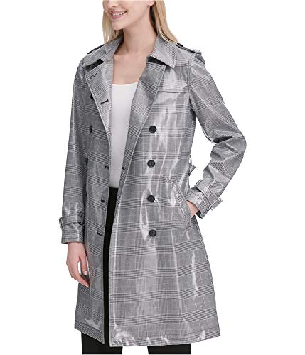 Calvin Klein Womens Glen Plaid Trench Coat, Black, Large