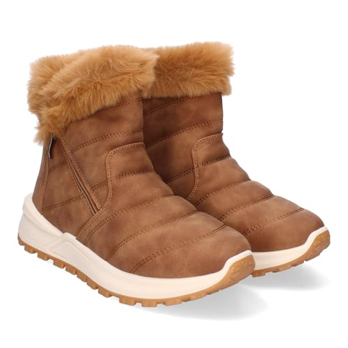 86205 Botines Planos de Mujer Calidos con Forro de Pelo, Suela Antideslizante, Adorno de Cremallera, Punta Redonda, Invierno. Camel Talla 39