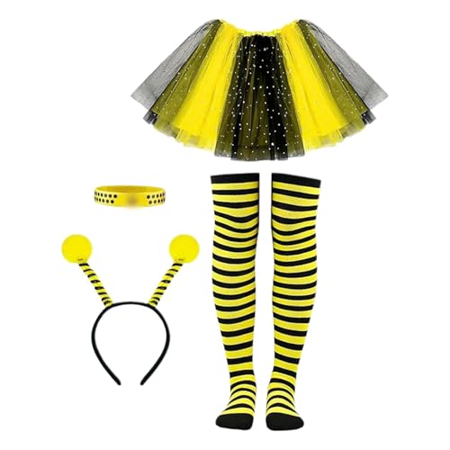 FASLOLSDP Bienen Kostüm Damen Karneval Kostüm mit Flügeln, Beinärmel und Haarreif für Erwachsene Fasching Bienenkostüm,Bienen Kostüm Damen 5pc...