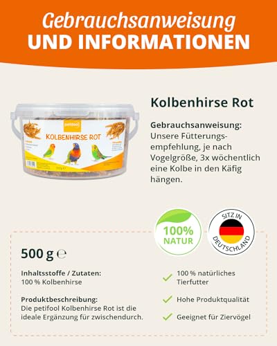petifool Kolbenhirse rot 500g - Einzelfuttermittel für alle Ziervögel - Vogelfutter - 100% Natur