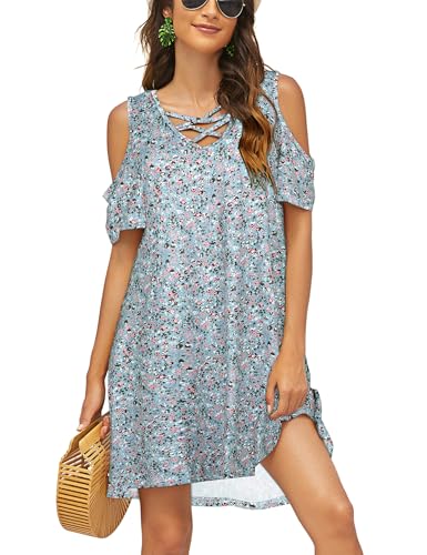 Image of Bluetime Women Cold Shoulder Summer Dress Short Sleeve Beach Casual Loose Swing Dress