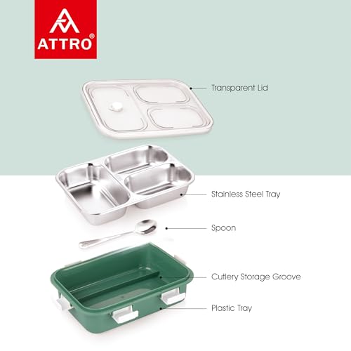 Image of Attro Bento 3 Compartment Stainless Steel Lunch Box with Steel Spoon, Heating & Water Insulation Design for Office, School & Travelling, 750ml- Light Green