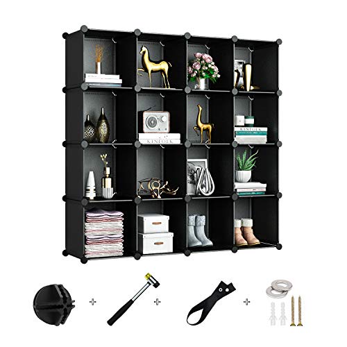 Greenstell 16 Cubos Organizadores para Almacenamiento con Puertas, Estantes de Plástico Apilables DIY, Multifuncionales, Modulares, Estantería de Armario para Libros, Ropa, Juguetes(Negro)